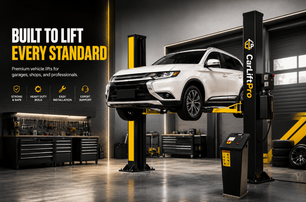 Car Lift Pro two-post vehicle lift raising a white SUV in a professional garage