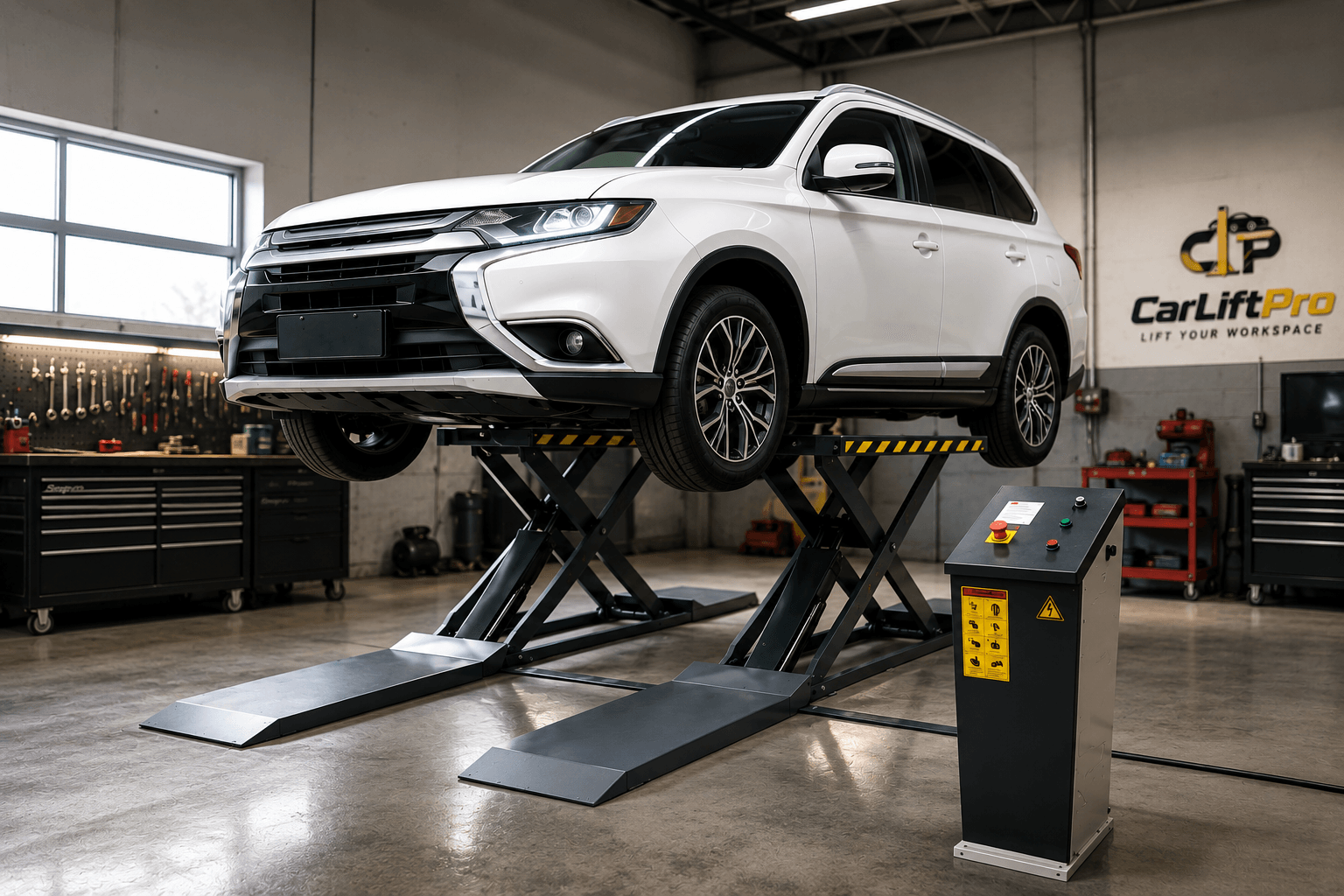 White SUV raised on a Car Lift Pro scissor lift in a professional garage