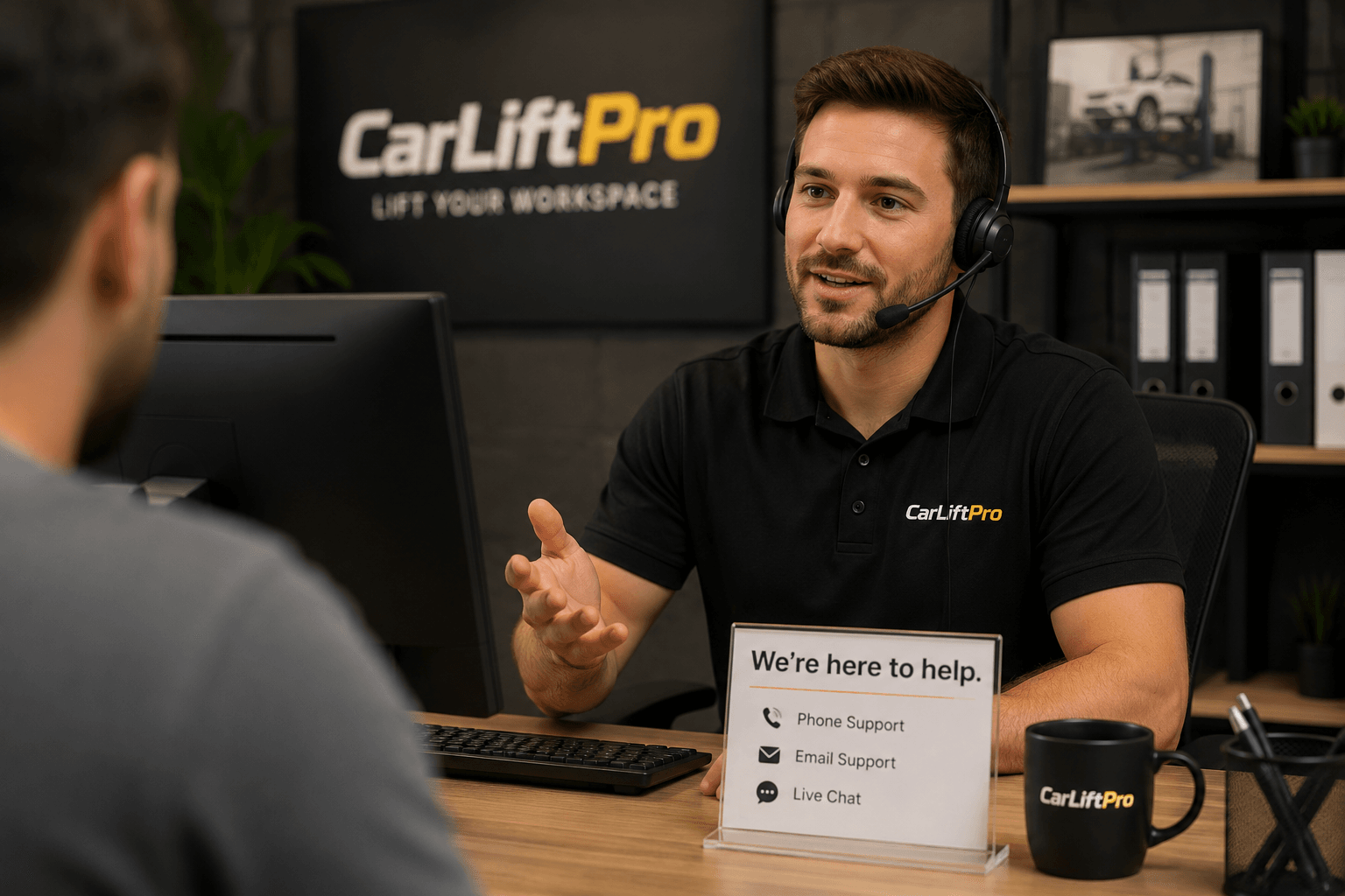 Car Lift Pro support specialist helping a customer choose vehicle lift equipment